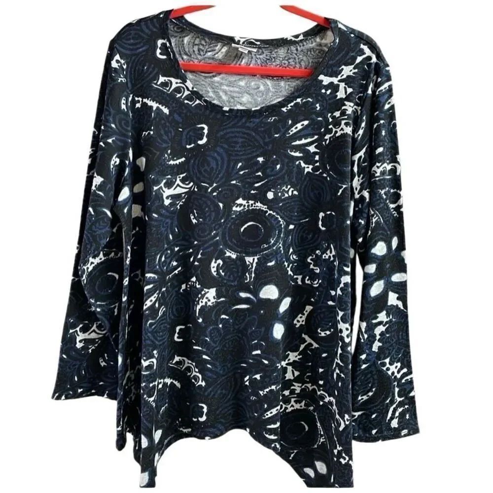 AVENUE  Ladies Long Sleeve Pullover Asymmetrical Hem Top Size 18/20 Blue White